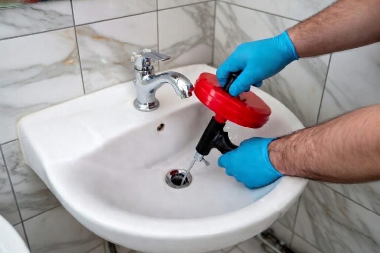 plumber using a hand auger on a drain